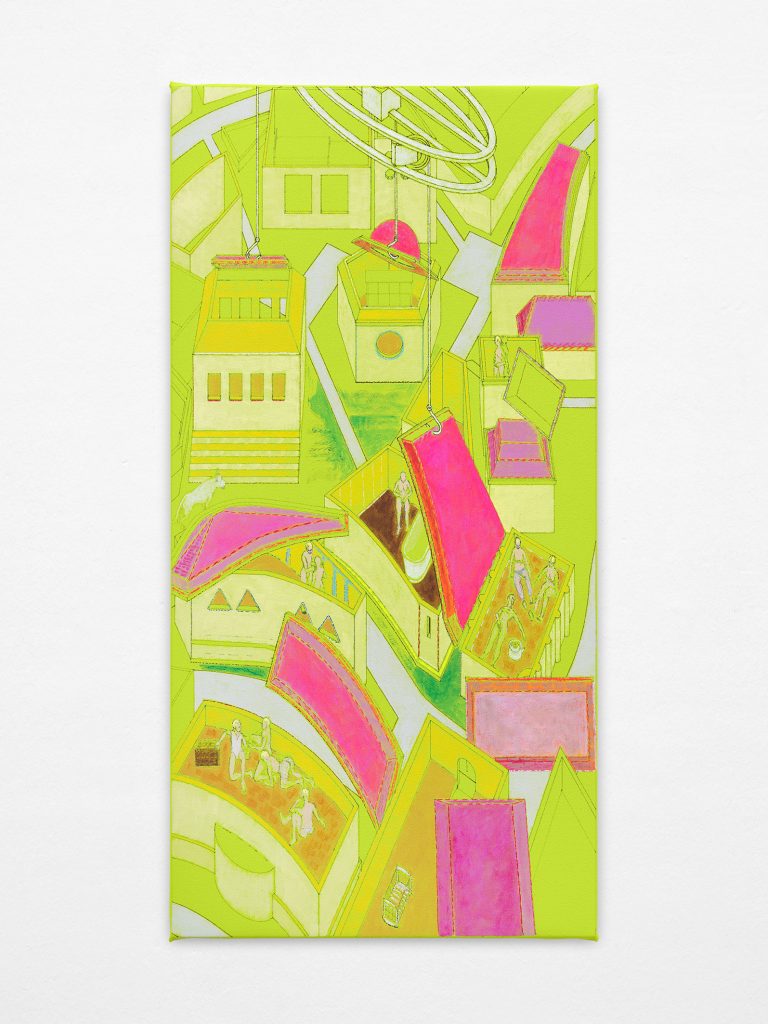 Sabandijas racionales (Caballeros aún a la mesa), 2026 Acrylic and watercolor on canvas 84 × 42 cm / 33 ⅛ × 16 ½ in