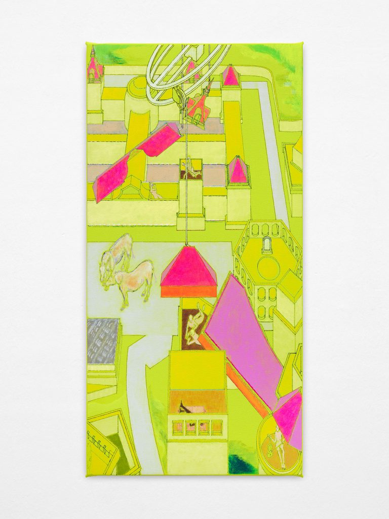 Sabandijas racionales (La casa de los locos), 2026 Acrylic and watercolor on canvas 84 × 42 cm / 33 ⅛ × 16 ½ in